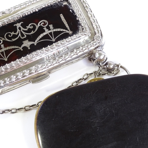 105 - An Edwardian silver and tortoiseshell purse on chain by Henry Matthews, Birmingham 1910, width 9cm, ... 