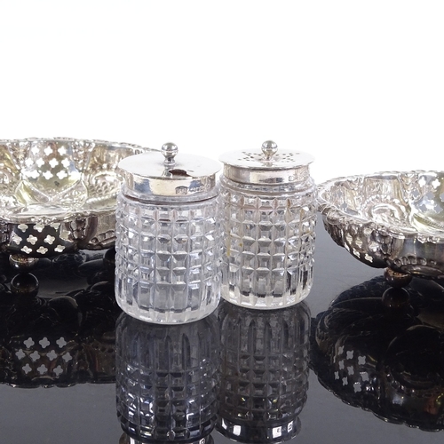 110 - A pair of pierced and embossed hallmarked silver bon bon dishes, 12cm across, and a pair of cut-glas... 