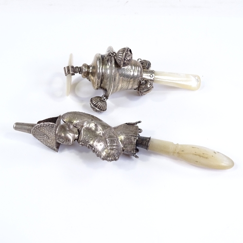 111 - A silver and mother-of-pearl baby's rattle, and an 18th century French rattle/whistle in the form of... 