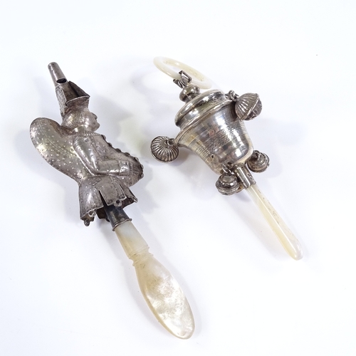 111 - A silver and mother-of-pearl baby's rattle, and an 18th century French rattle/whistle in the form of... 