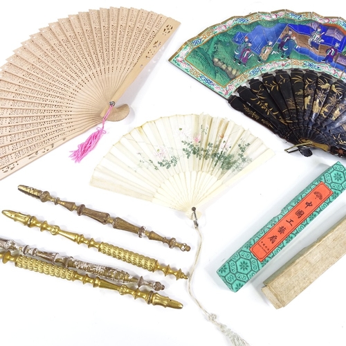 120 - 3 fans and 2 pairs of gilded-wood fan screen handles