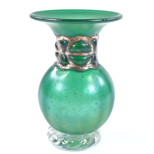 125 - Anthony Stern, green iridescent Studio glass vase with silver overlay collar, height 14cm