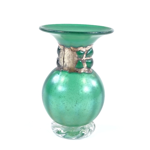 125 - Anthony Stern, green iridescent Studio glass vase with silver overlay collar, height 14cm