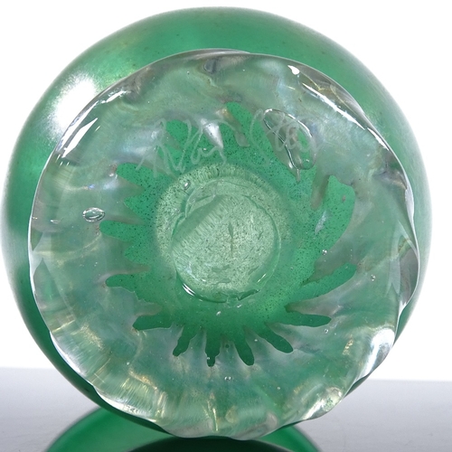 125 - Anthony Stern, green iridescent Studio glass vase with silver overlay collar, height 14cm