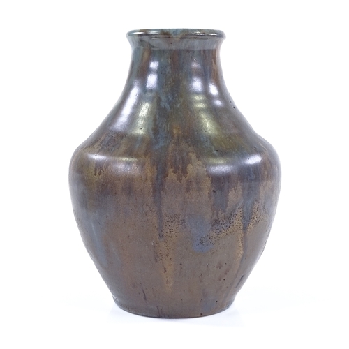 129 - Upchurch Pottery 1930s handmade vase with brown/grey drip glaze, height 17.5cm