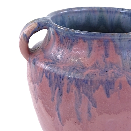 130 - Upchurch Pottery 1930s handmade vase, pink/blue drip glaze, height 20cm, small chip to foot rim