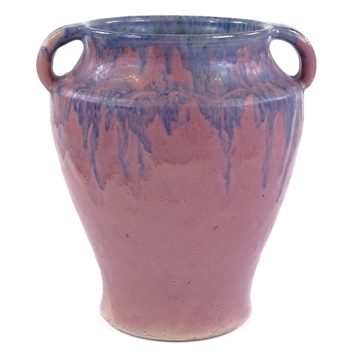 130 - Upchurch Pottery 1930s handmade vase, pink/blue drip glaze, height 20cm, small chip to foot rim