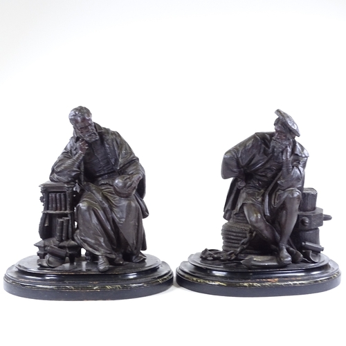 131 - A pair of 19th century patinated spelter figures of explorers on simulated marble wooden bases, heig... 