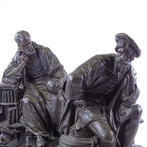 131 - A pair of 19th century patinated spelter figures of explorers on simulated marble wooden bases, heig... 