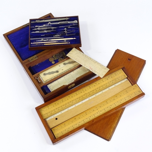 137 - A Victorian walnut-cased set of draughtsman's drawing instruments, length 20cm, and a mahogany-cased... 