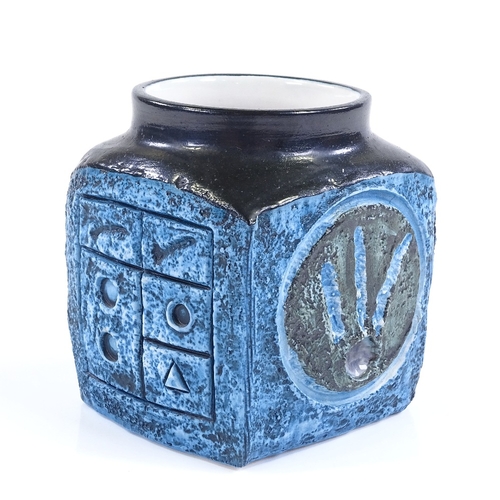 17 - Troika Pottery Marmalade pot, blue relief-moulded abstract sides with black glazed shoulders, height... 