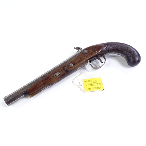 27 - An early 19th century percussion pistol, lock marked Clarke & Son, carved walnut stock, length 35cm
