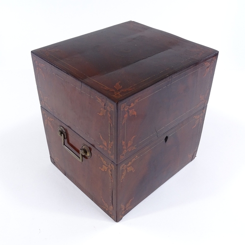4 - A 19th century mahogany and marquetry inlaid decanter box, containing 2 original gilded glass square... 