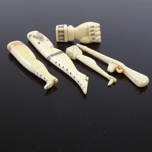 43 - 5 various Victorian carved ivory seals and pipe tampers, in the form of lady's legs, a rifle, and a ... 