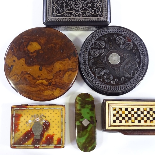 44 - 6 various 19th century boxes, including a silver inlaid papier mache snuffbox, width 7.5cm, a silver... 
