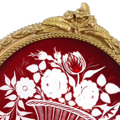 57 - A Victorian ruby overlay cut-glass picture depicting a basket of flowers, original ornate gilt-gesso... 