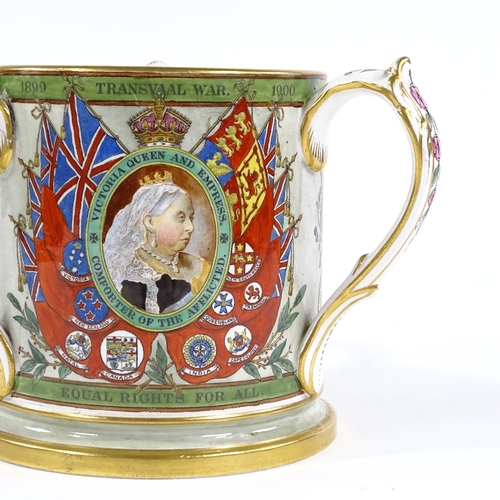 61 - A Copeland Boer War commemorative 3-handles loving cup, circa 1900, printed and enamelled decoration... 