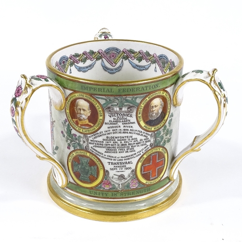 61 - A Copeland Boer War commemorative 3-handles loving cup, circa 1900, printed and enamelled decoration... 