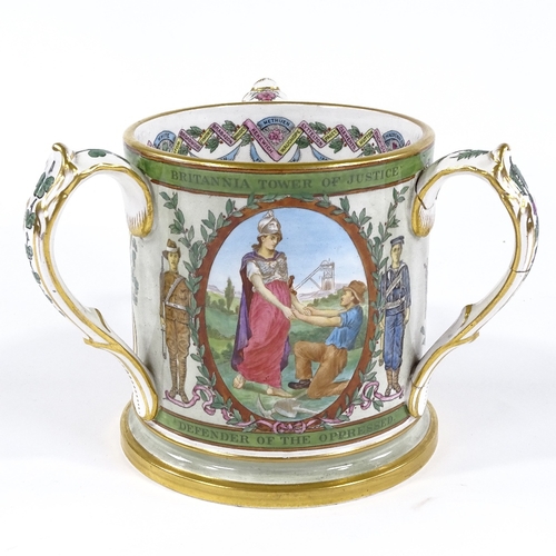 61 - A Copeland Boer War commemorative 3-handles loving cup, circa 1900, printed and enamelled decoration... 