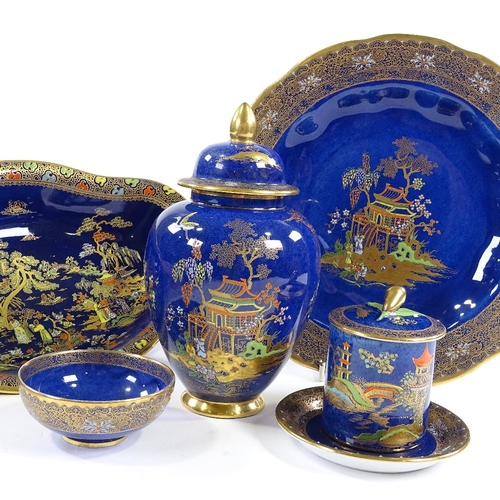 63 - 5 pieces of Carlton Ware Bleu Royale, including a lidded ginger jar, height 17cm, and a preserve pot... 