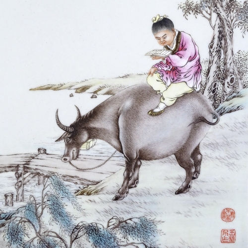 71 - A Chinese porcelain plaque with hand painted scene depicting a figure riding a water buffalo, signed... 