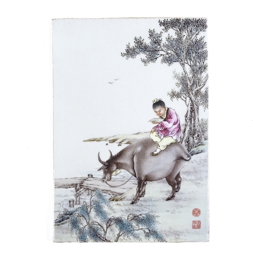 71 - A Chinese porcelain plaque with hand painted scene depicting a figure riding a water buffalo, signed... 