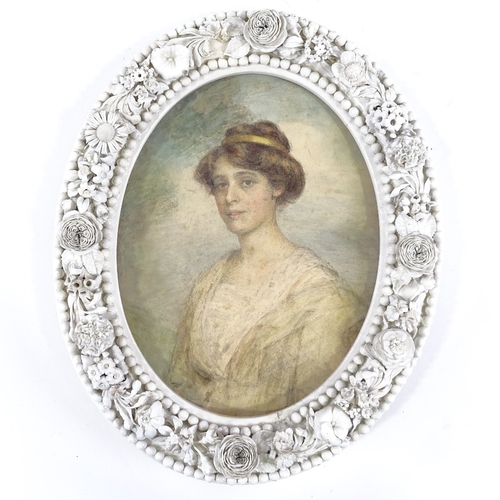 75 - Watercolour circa 1900, portrait of a lady in ornate floral encrusted white glaze porcelain frame, o... 