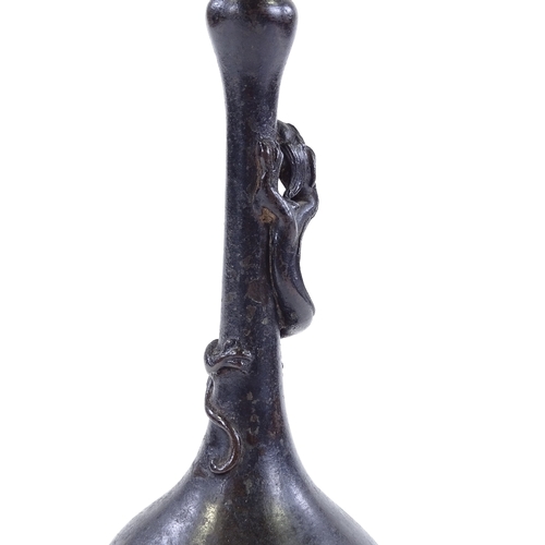 76 - A 19th century Chinese patinated bronze narrow-necked vase with dragon-mounted neck, original label ... 