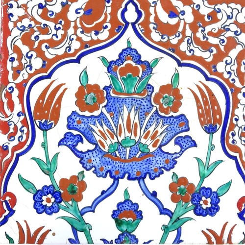 89 - A Turkish painted pottery tile, 25cm x 25cm