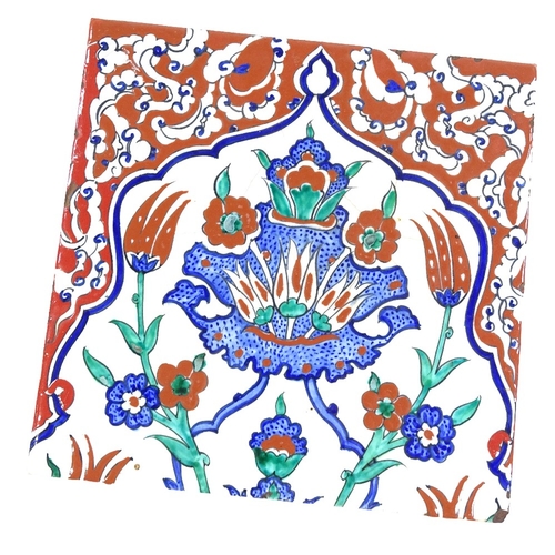 89 - A Turkish painted pottery tile, 25cm x 25cm