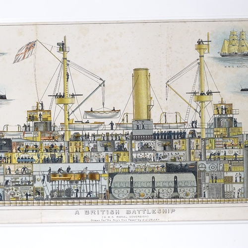 91 - A First War Period colour lithograph cross-section of a British battleship (HMS Royal Sovereign), pu... 