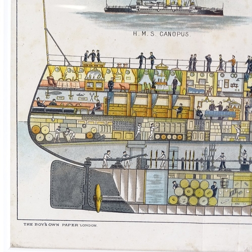 91 - A First War Period colour lithograph cross-section of a British battleship (HMS Royal Sovereign), pu... 