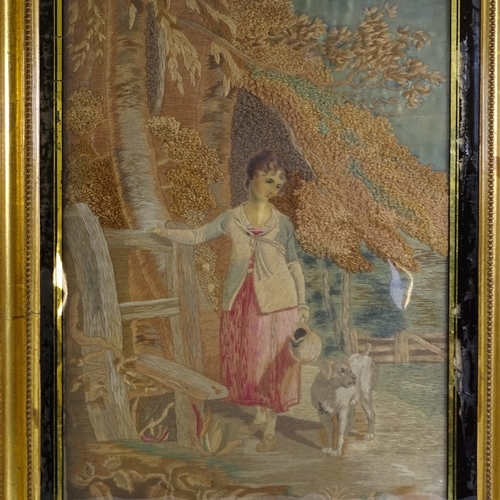 92 - A pair of 19th century silk embroidered pictures in original gilt frames, overall dimensions 74cm x ... 