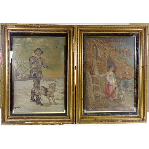 92 - A pair of 19th century silk embroidered pictures in original gilt frames, overall dimensions 74cm x ... 