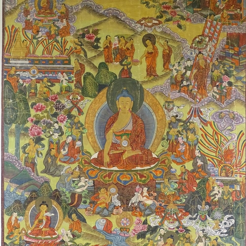 93 - A Chinese hand painted thangka on fabric, 95cm x 74cm, modern frame, overall dimensions 117cm x 95cm