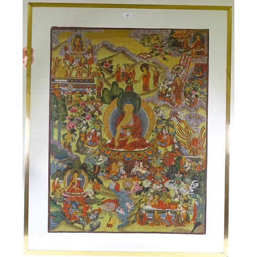 93 - A Chinese hand painted thangka on fabric, 95cm x 74cm, modern frame, overall dimensions 117cm x 95cm