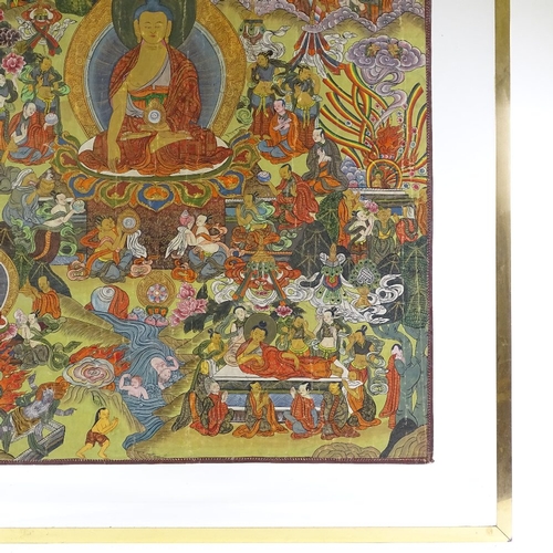 93 - A Chinese hand painted thangka on fabric, 95cm x 74cm, modern frame, overall dimensions 117cm x 95cm