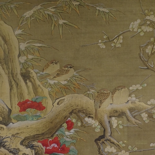 95 - A Japanese watercolour on fabric circa 1900, depicting birds in blossom tree, in embroidered silk su... 