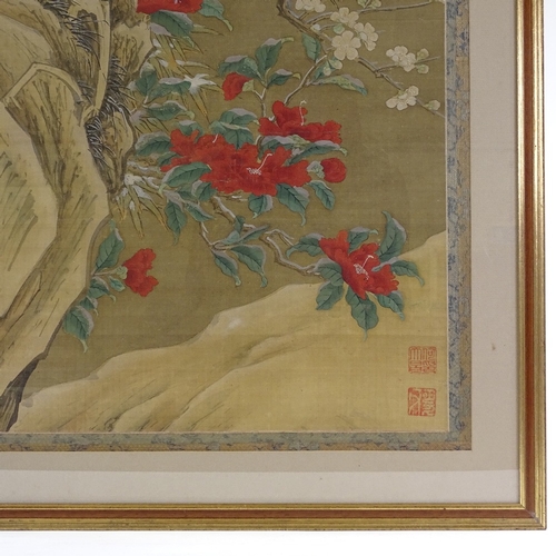 95 - A Japanese watercolour on fabric circa 1900, depicting birds in blossom tree, in embroidered silk su... 