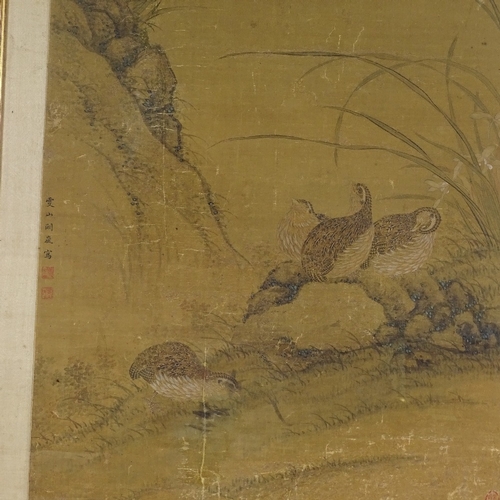 96 - A Japanese watercolour on silk circa 1900, depicting birds and rushes, signed, modern frame, overall... 