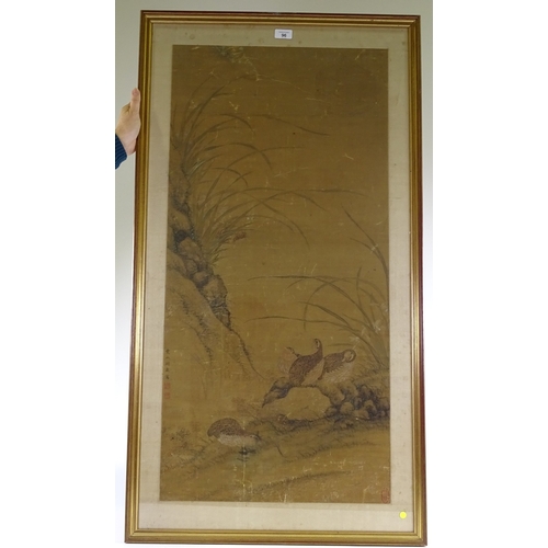 96 - A Japanese watercolour on silk circa 1900, depicting birds and rushes, signed, modern frame, overall... 