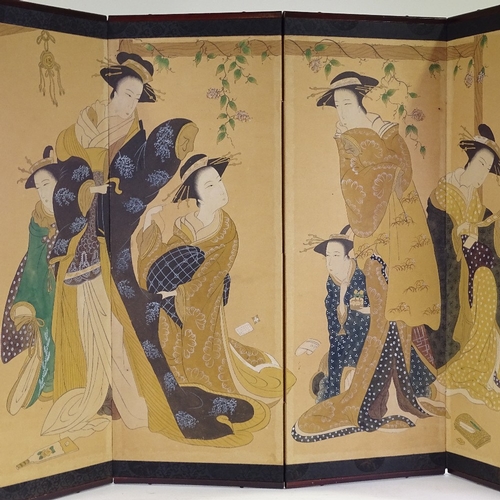 98 - A Japanese hand painted 4-fold screen, depicting ladies in an interior, black silk surround in stain... 