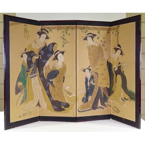 98 - A Japanese hand painted 4-fold screen, depicting ladies in an interior, black silk surround in stain... 