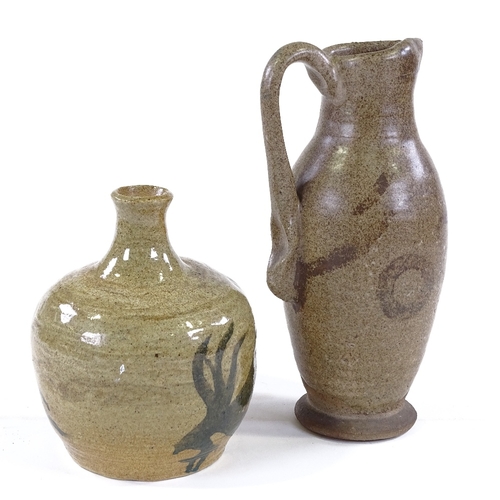 145 - 2 pieces of British Studio pottery, comprising a tall jug signed J Divine 1938, height 26cm, and a n... 