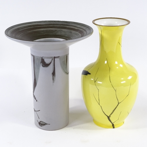 156 - A Rosenthal vase with flared rim, height 26cm, and a Cauldon yellow ground china vase with hand pain... 