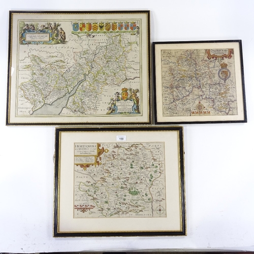 159 - 3 Antique maps, comprising J Norden Hertfordshire 1637, Saxton & Hole Oxfordshire 1637, and P Mortie... 