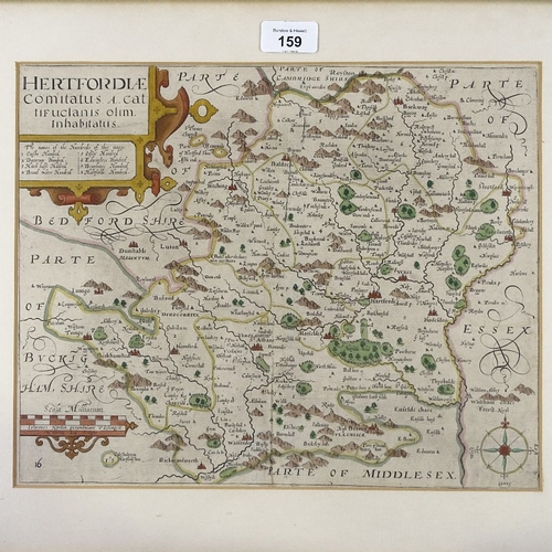 159 - 3 Antique maps, comprising J Norden Hertfordshire 1637, Saxton & Hole Oxfordshire 1637, and P Mortie... 