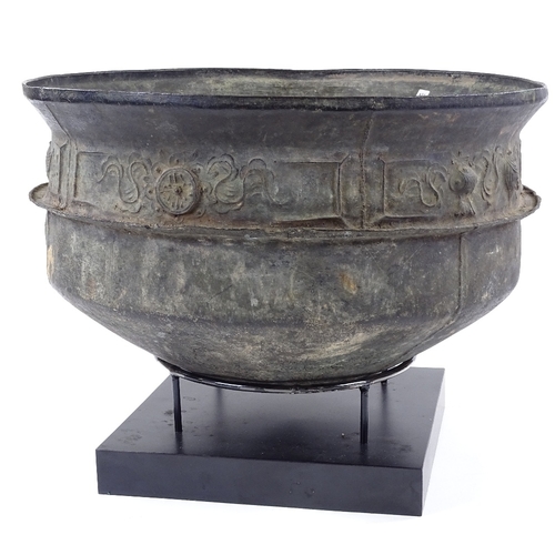 162 - A large Chinese Han-Viet archaic bronze bowl with relief cast frieze, diameter 39cm, on modern stand