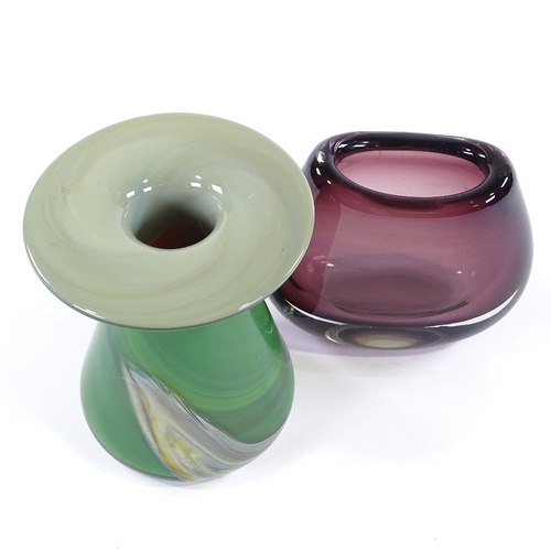 167 - A green streaked Studio glass vase, height 13cm, and a purple glass vase (2)