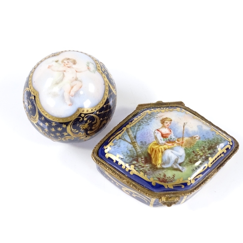 172 - A painted and gilded porcelain globular parasol handle, diameter 4cm, and a French painted porcelain... 